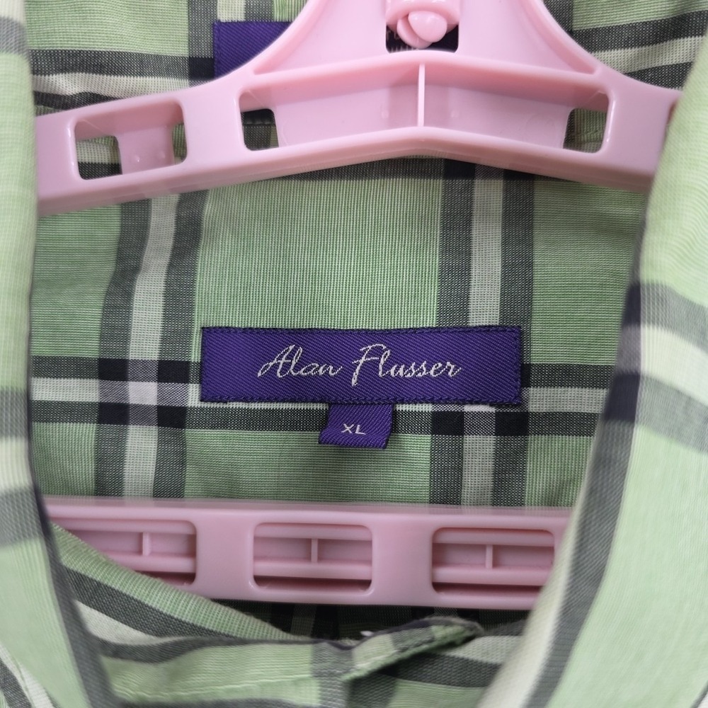 Alan Flusser Green Black and White Check LS Men's Shirt‎ 100% Cotton Size - Picture 2 of 9